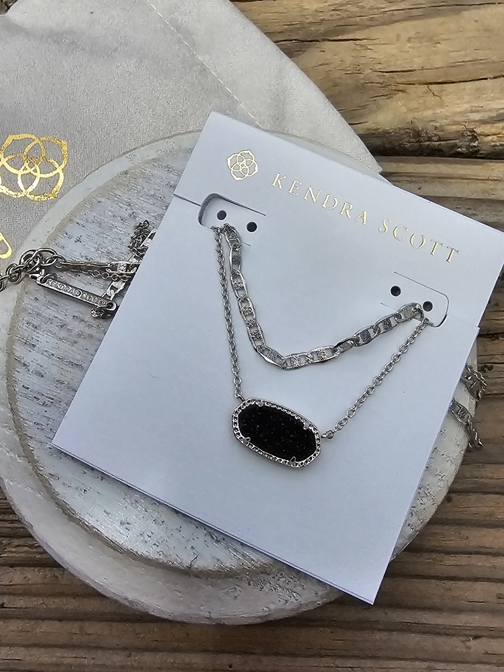 Kendra Scott Silver Layered Necklace with Black Drusy Pendant